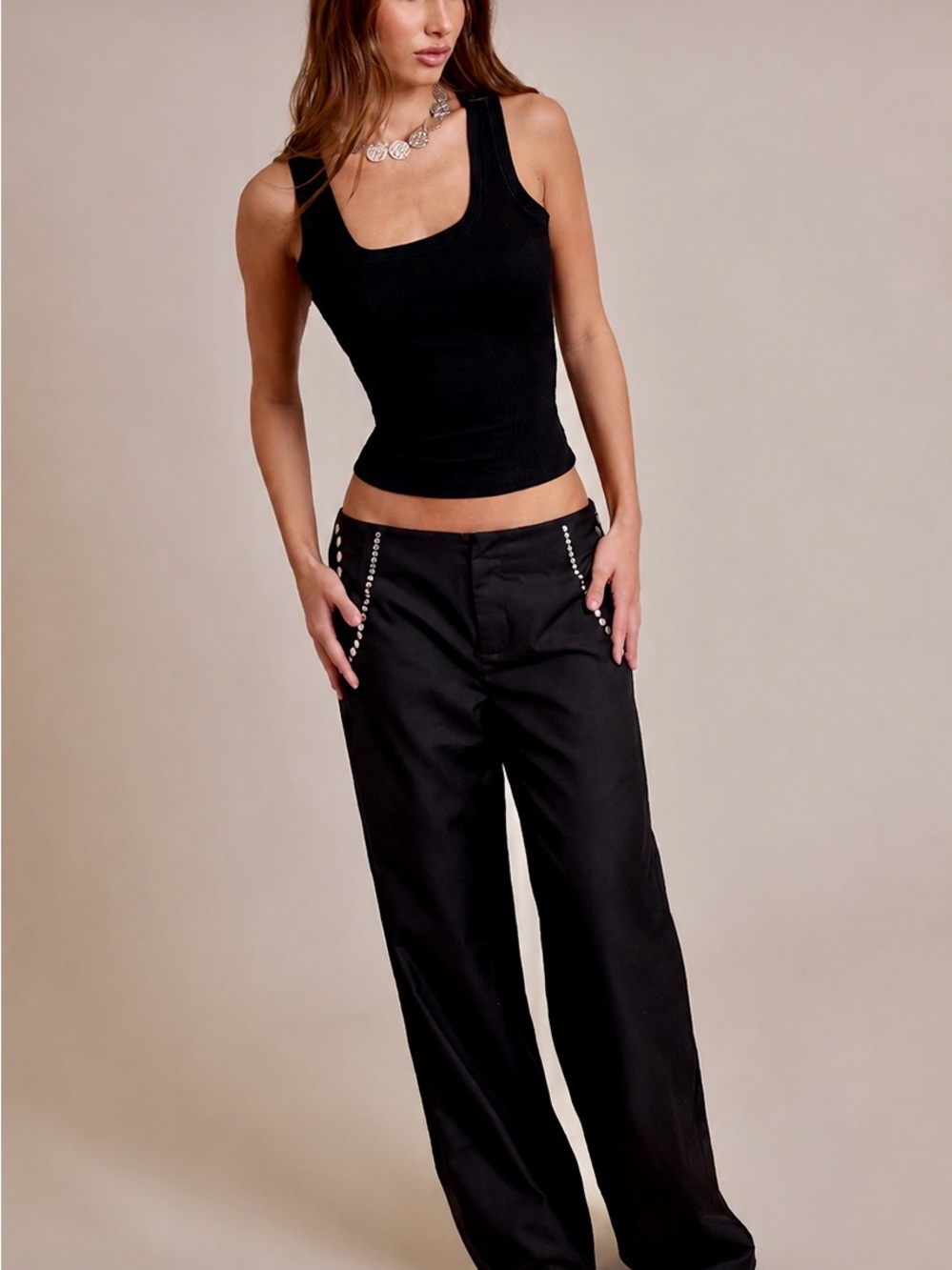 Black wide leg pants wide leg silver studs Crescent, Detail statement pants